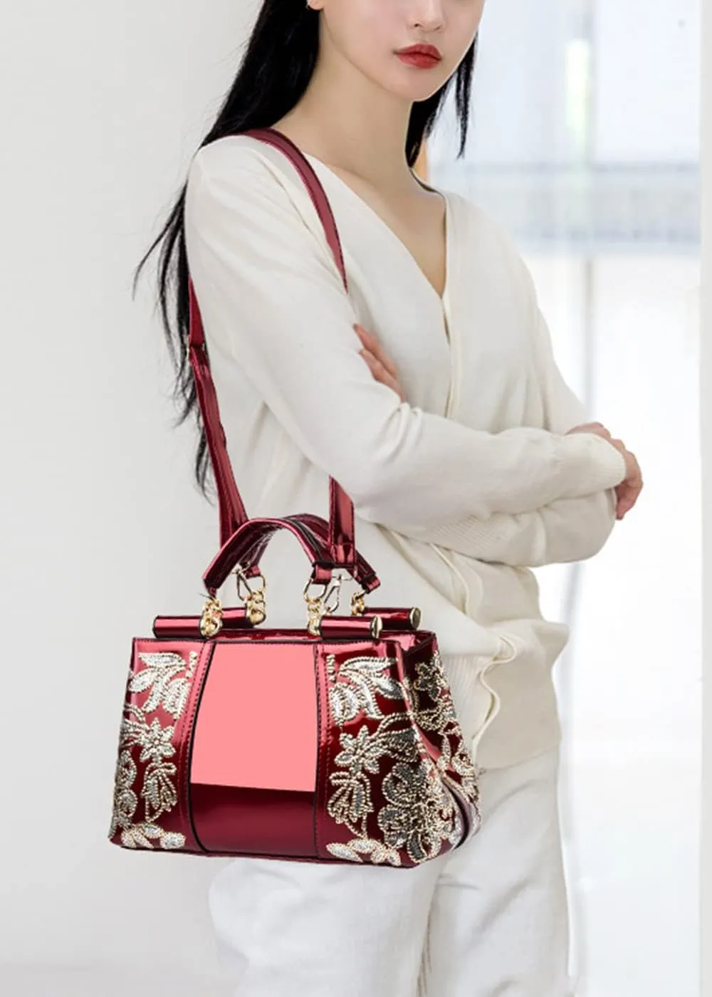 Women Synthetic Patent Bright Leather Portable Personality Tote Hobo Shoulder Crossbody Clutches Handbags